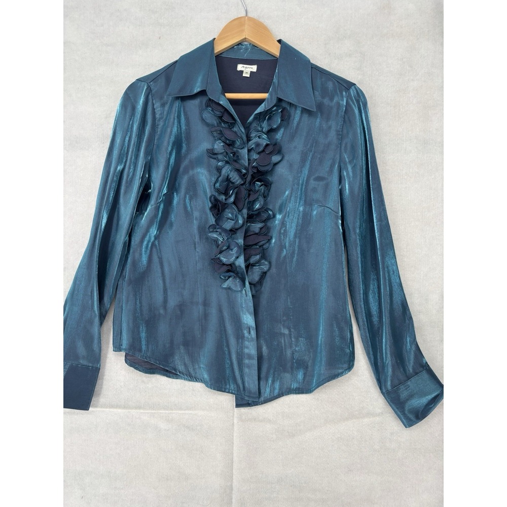 AGORA Teal Ruffle Front Blouse Metallic Shimmer Women's Med Party Holidays